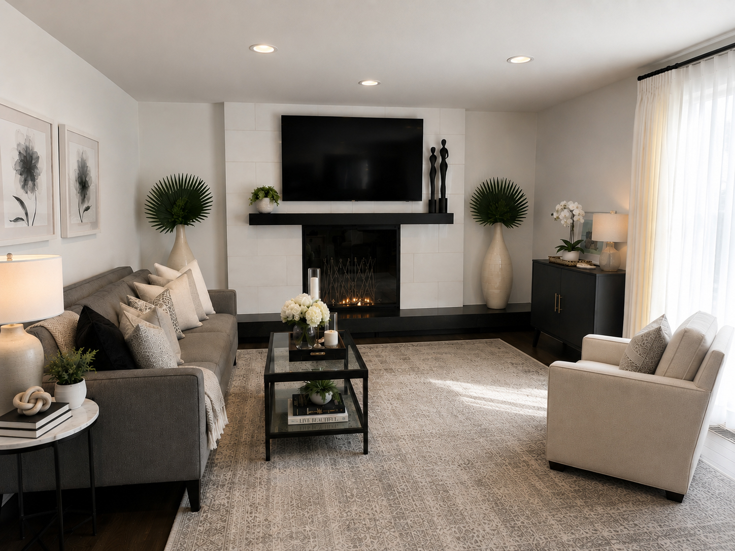 Contemporary family room with modern sleek fireplace